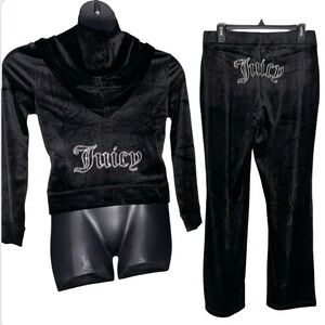 JUICY COUTURE BLACK VELOUR BLING RHINESTONE LOGO TRACKSUIT SWEATSUIT NWT